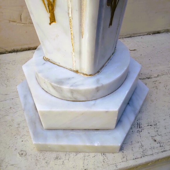 Old Antique White Marble Gold Painted Flowers Stepped Base HEAVY Urn/Vase - Picture 11 of 13